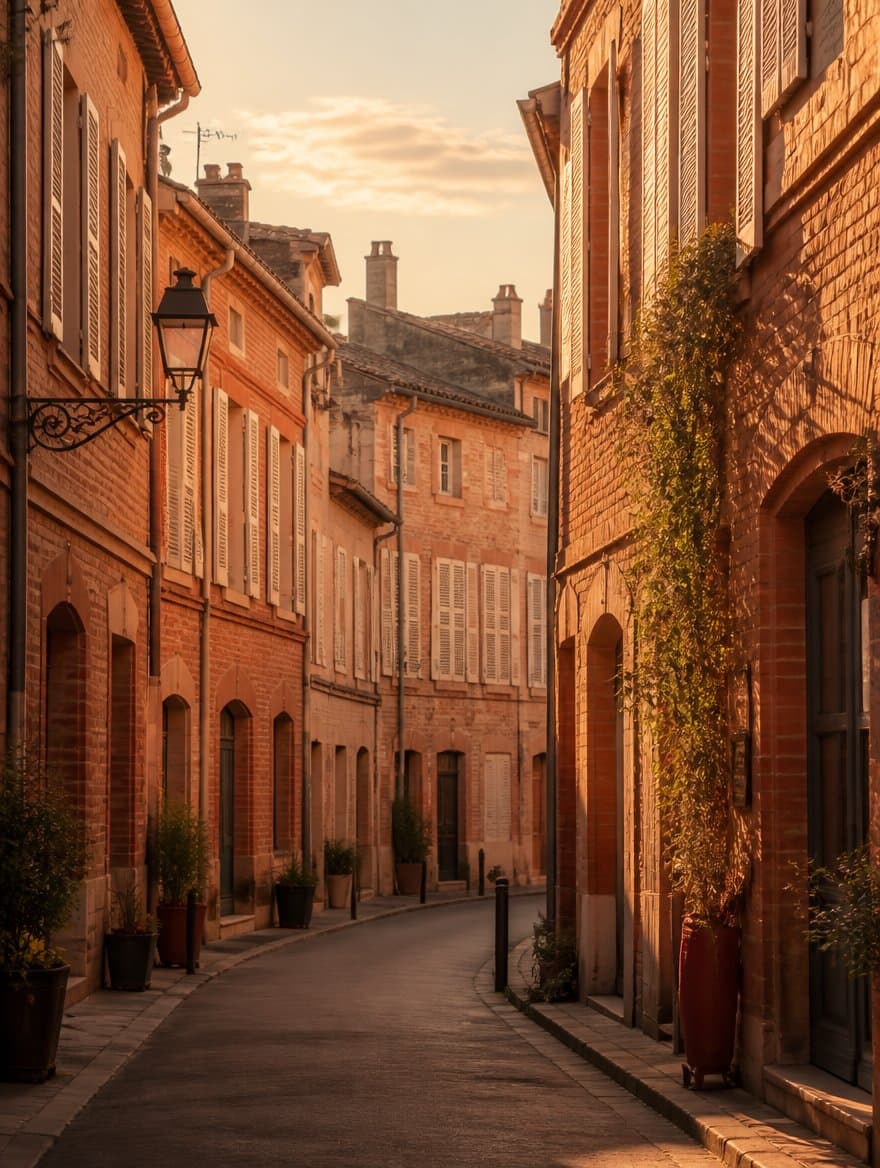 Ruelle aux façades de brique rose de Montauban au soleil couchant